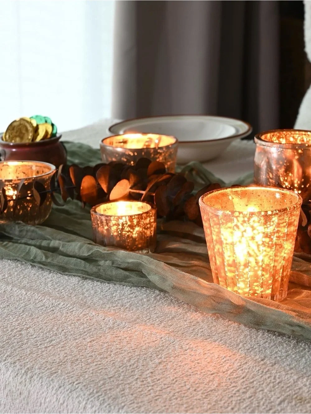 DN DECONATION 8PCS Gold Assorted Mercury Glass Votive Candle Holders